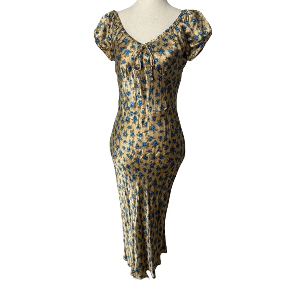 SOLD Vintage Betsey Johnson Satin Rose Print Milkmaid Midi Dress - Picture 3 of 12